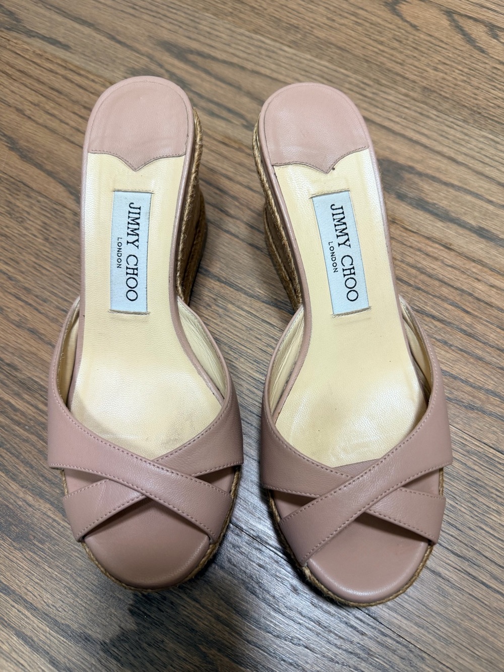 Jimmy Choo Almer Blush Pink Leather Espadrille Wedge Mules